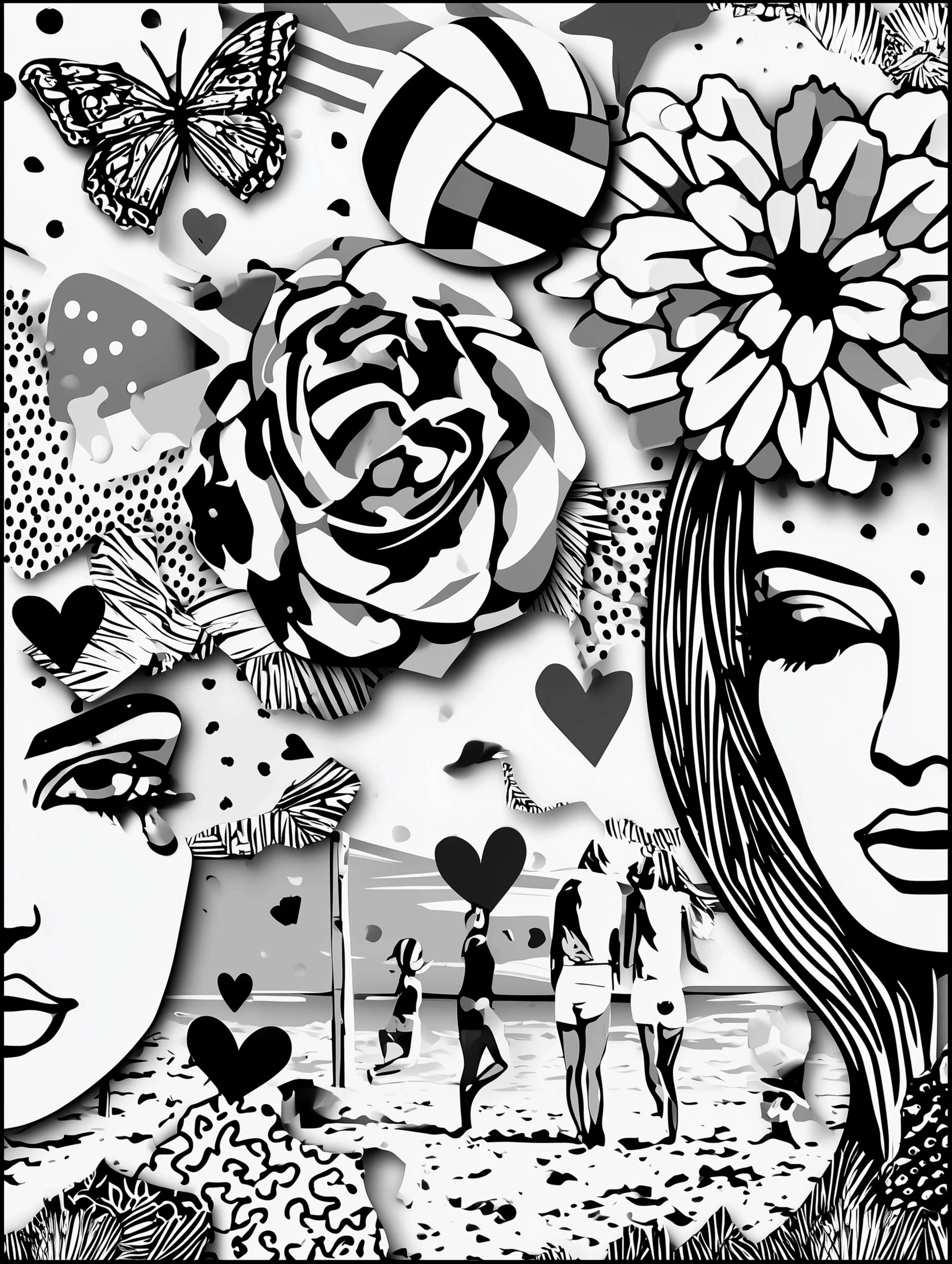 Free printable volleyball coloring page for adults featuring two women watching a volleyball game